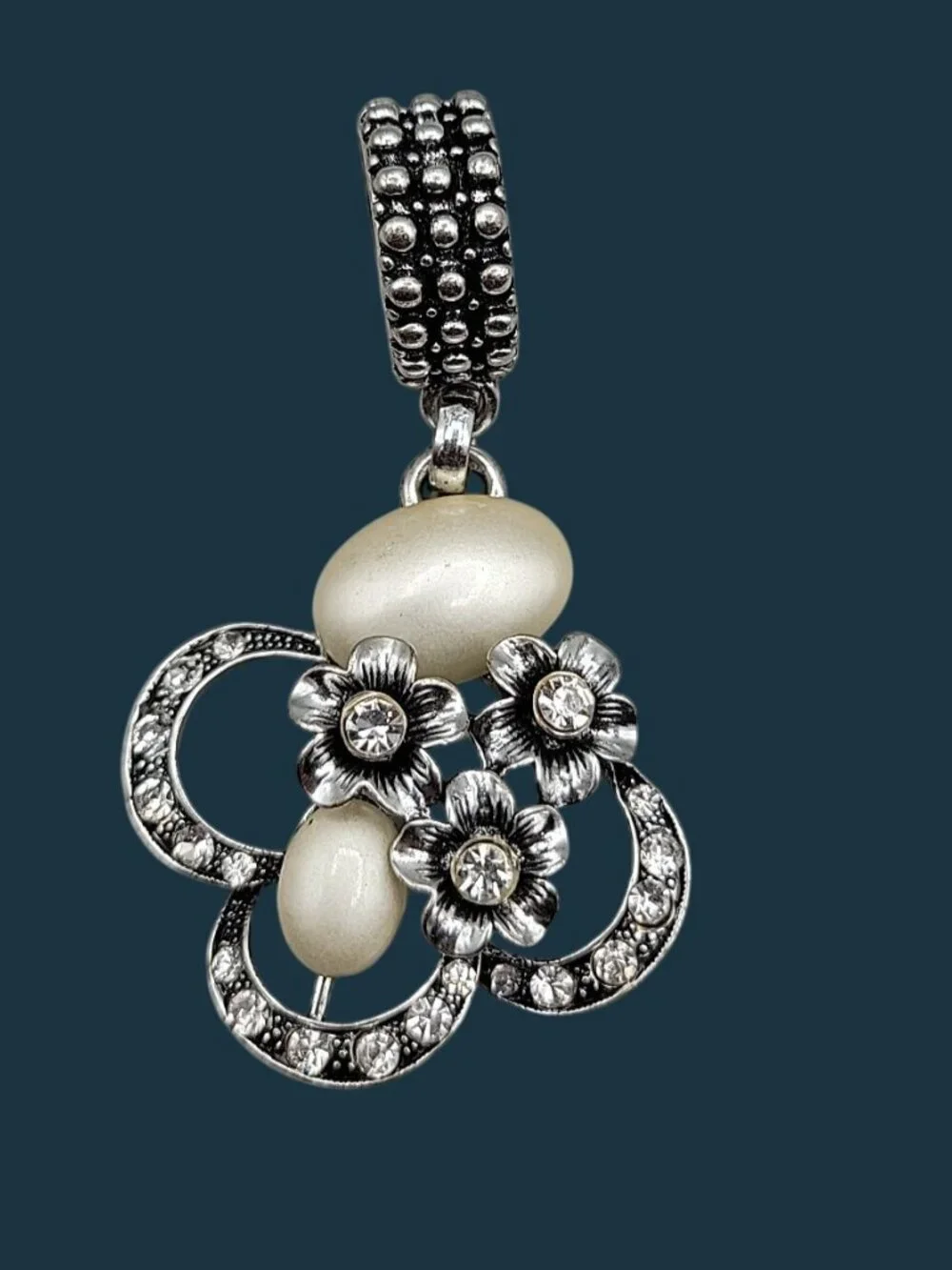 Vintage Silver-Tone Floral Scarf Slide with Faux Pearls & Clear Rhinestones